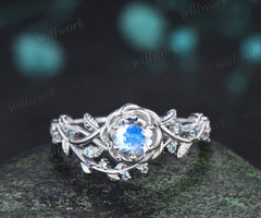 Round moonstone floral leaf ring infinity twisted alexandrite leaf engagement ring nature inspired bridal ring