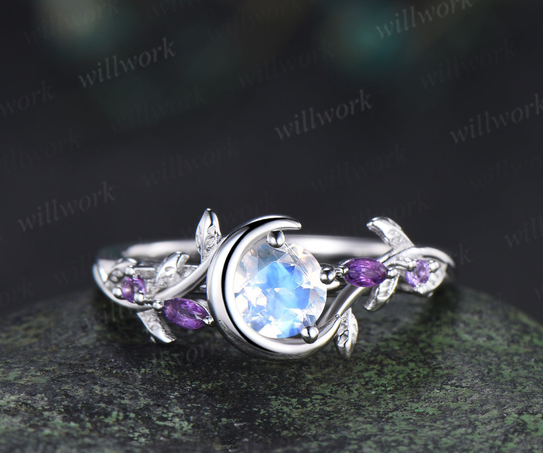 Round moonstone leaf twig ring set nature inspired crescent moon star amethyst bridal ring set