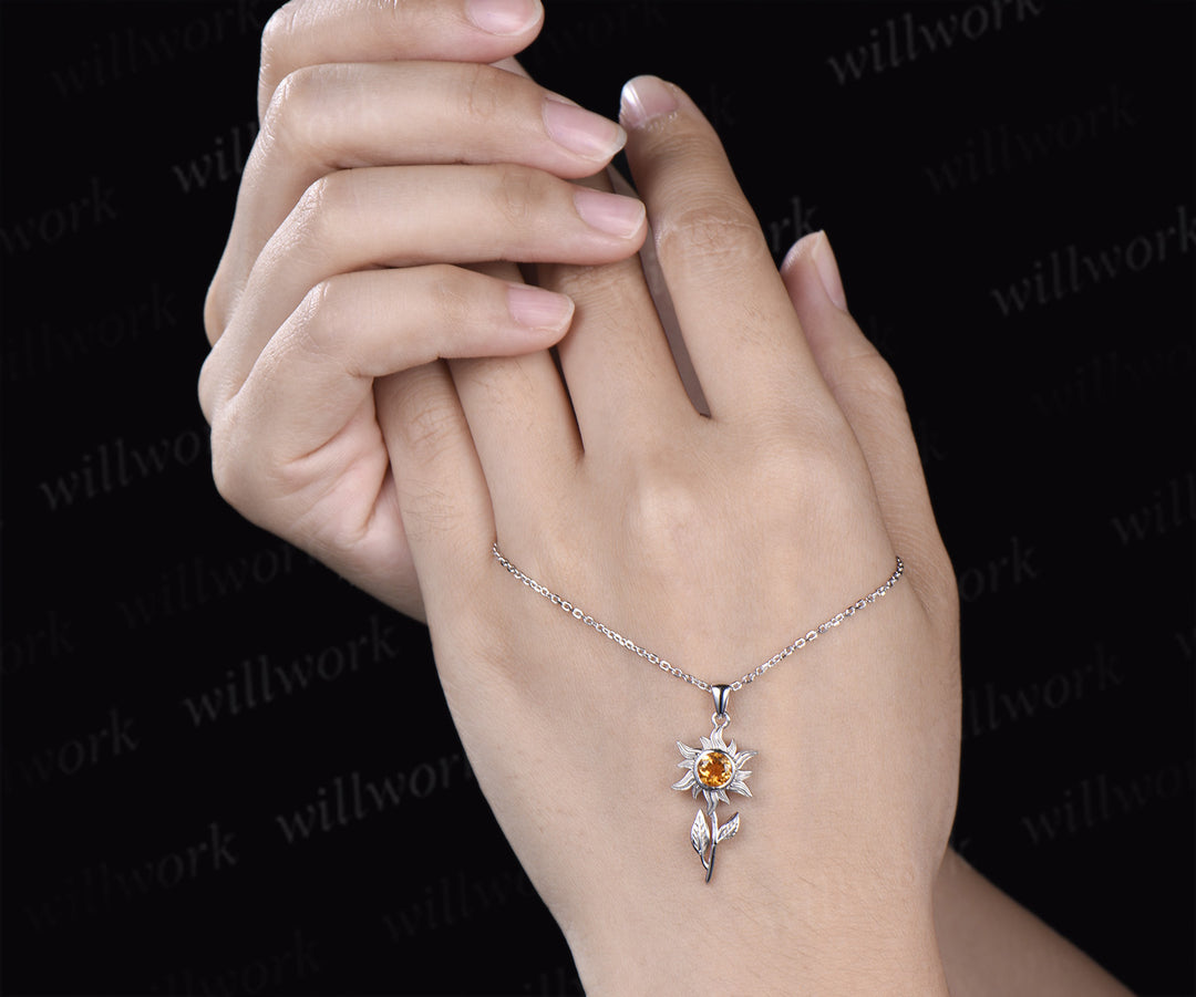 5mm round citrine sunflower pendant necklace bezel yellow gemstone leaf charm necklace for women