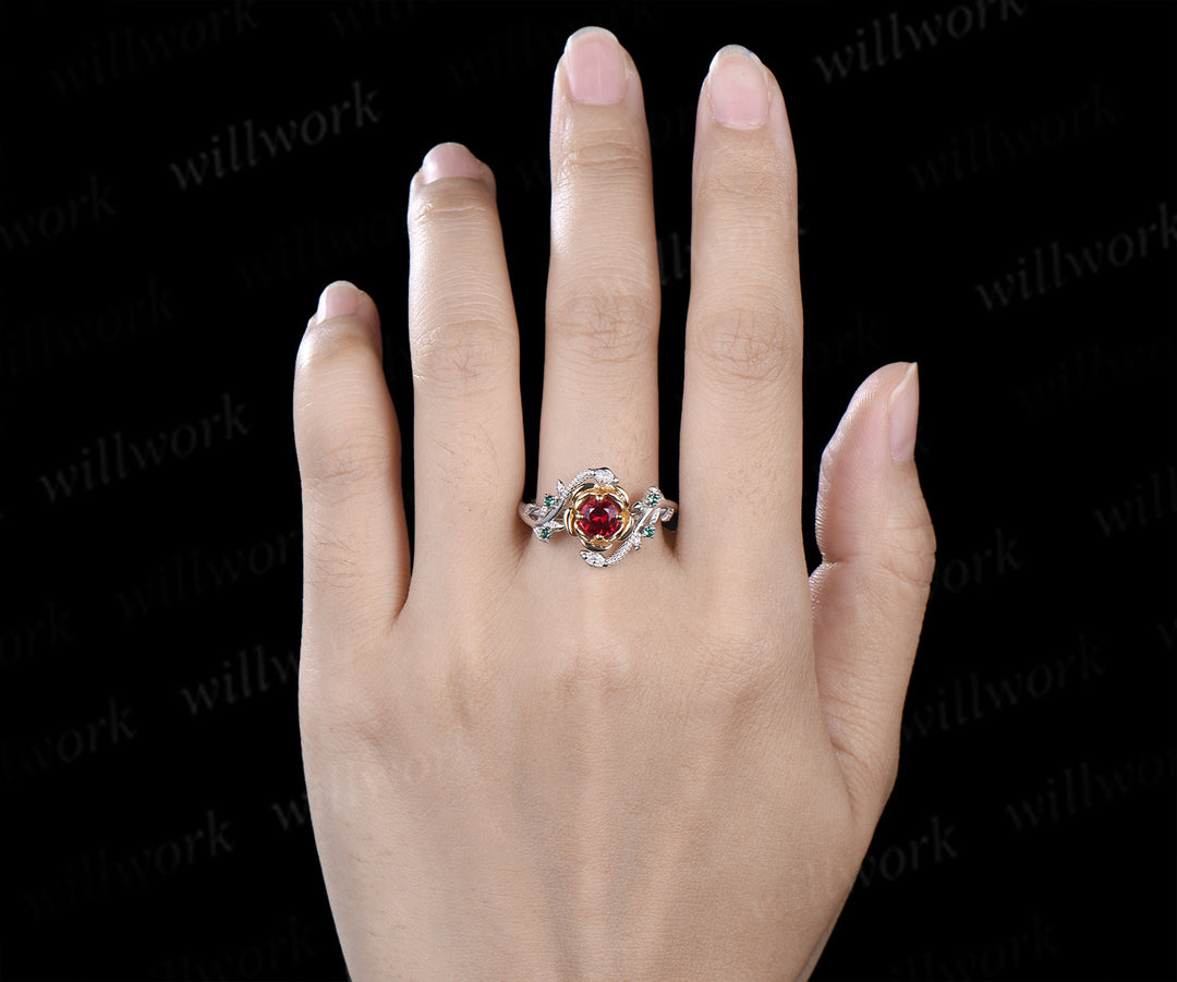 Round cut ruby florla ring two gold tone engagement ring unique emerald leaf twig snake ring gifts for women