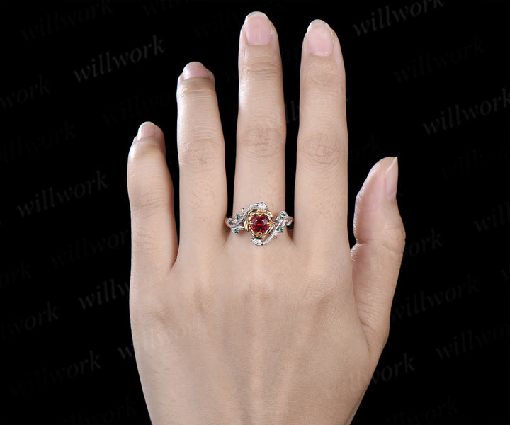 Round cut ruby florla ring two gold tone engagement ring unique emerald leaf twig snake ring gifts for women