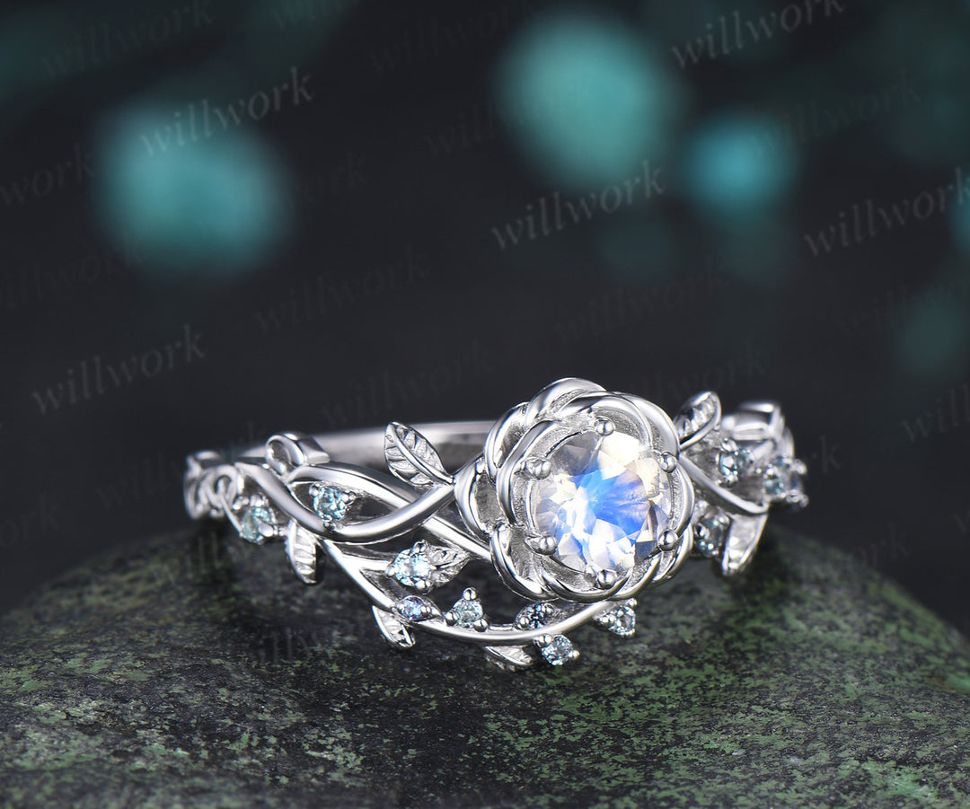Round moonstone floral leaf ring infinity twisted alexandrite leaf engagement ring nature inspired bridal ring