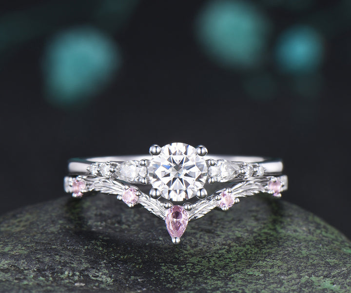 Round Moissanite Engagement Ring Set Minimalist Seven Stone Ring Curved Morganite Band Unique Moissanite Bridal Set