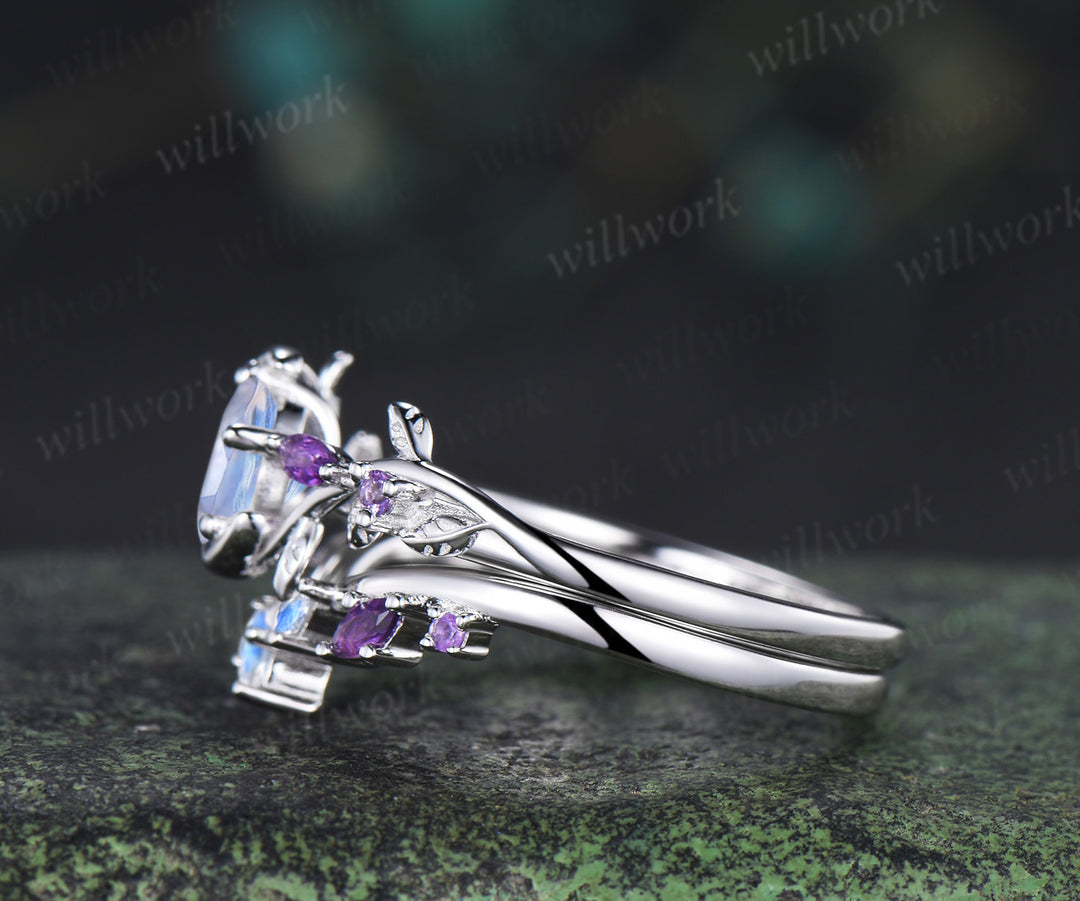 Round moonstone leaf twig ring set nature inspired crescent moon star amethyst bridal ring set
