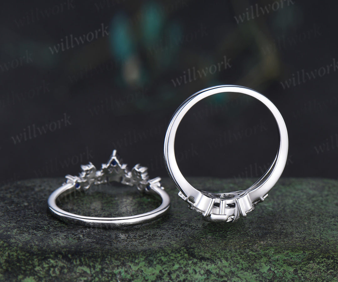 Round IGI lab grown diamond moon star ring set marquise diamond natural sapphire split shank ring unique crescent starry wedding bridal set