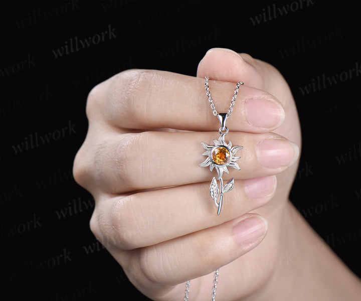5mm round citrine sunflower pendant necklace bezel yellow gemstone leaf charm necklace for women