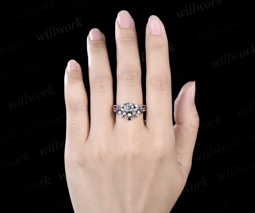 Round IGI lab grown diamond moon star ring set marquise diamond natural sapphire split shank ring unique crescent starry wedding bridal set