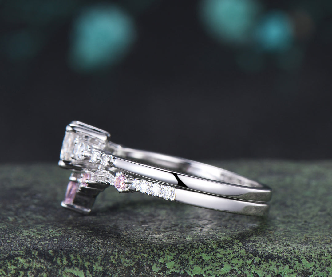 Round Moissanite Engagement Ring Set Minimalist Seven Stone Ring Curved Morganite Band Unique Moissanite Bridal Set