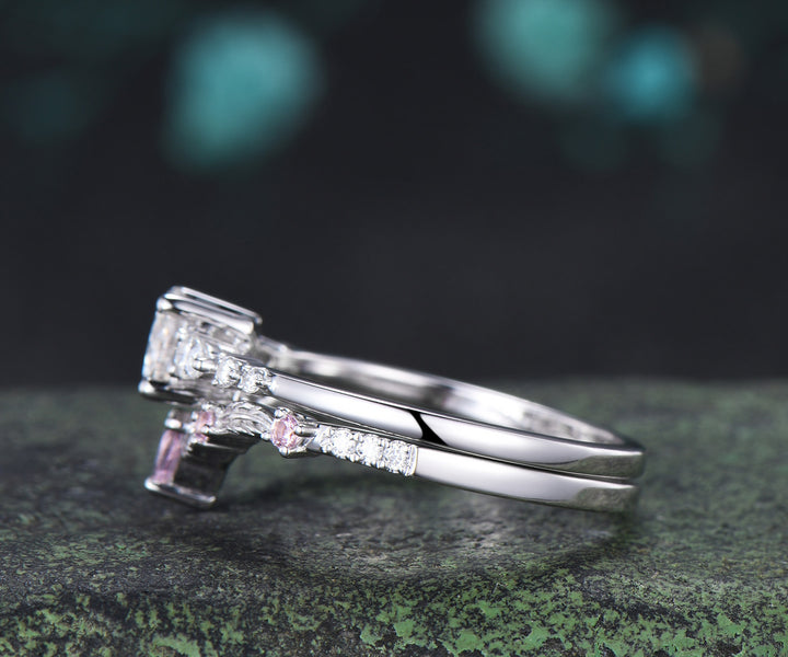 Round Moissanite Engagement Ring Set Minimalist Seven Stone Ring Curved Morganite Band Unique Moissanite Bridal Set