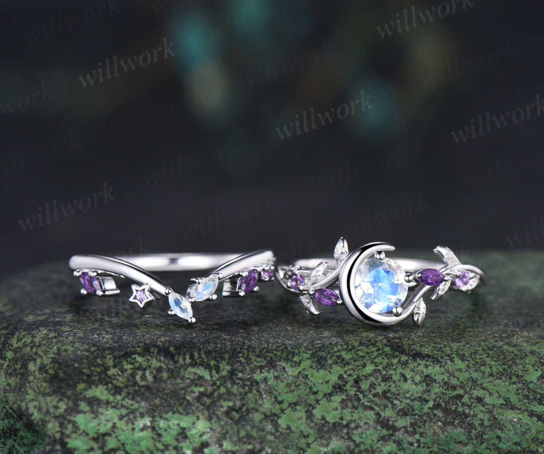 Round moonstone leaf twig ring set nature inspired crescent moon star amethyst bridal ring set
