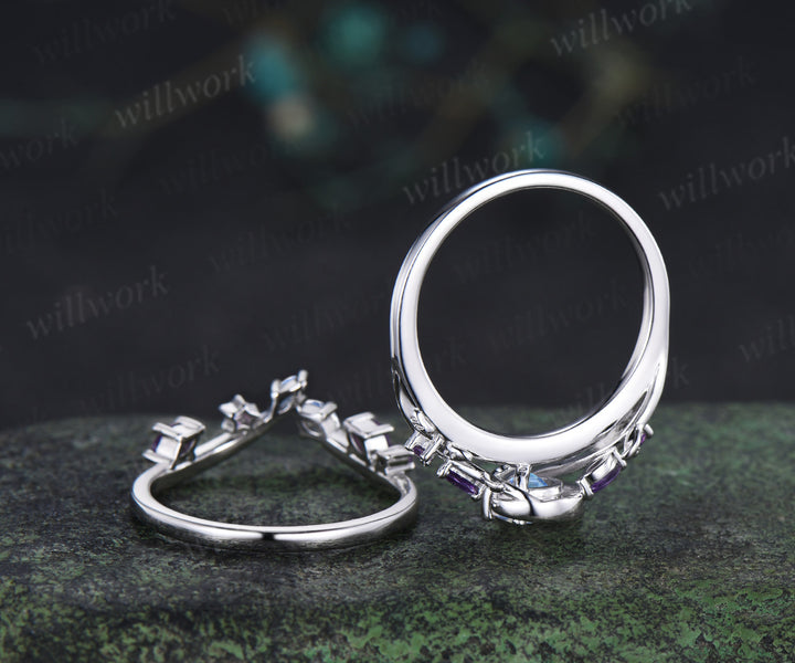 Round moonstone leaf twig ring set nature inspired crescent moon star amethyst bridal ring set