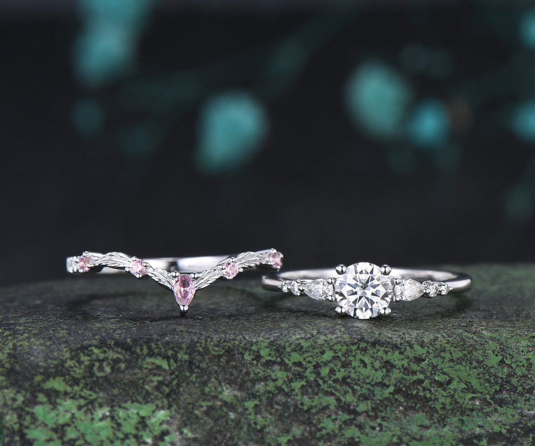Round Moissanite Engagement Ring Set Minimalist Seven Stone Ring Curved Morganite Band Unique Moissanite Bridal Set