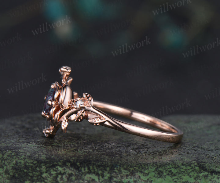Round cut alexandrite engagement ring rose gold floral leaf vine marquise diamond ring vintage promise bridal ring