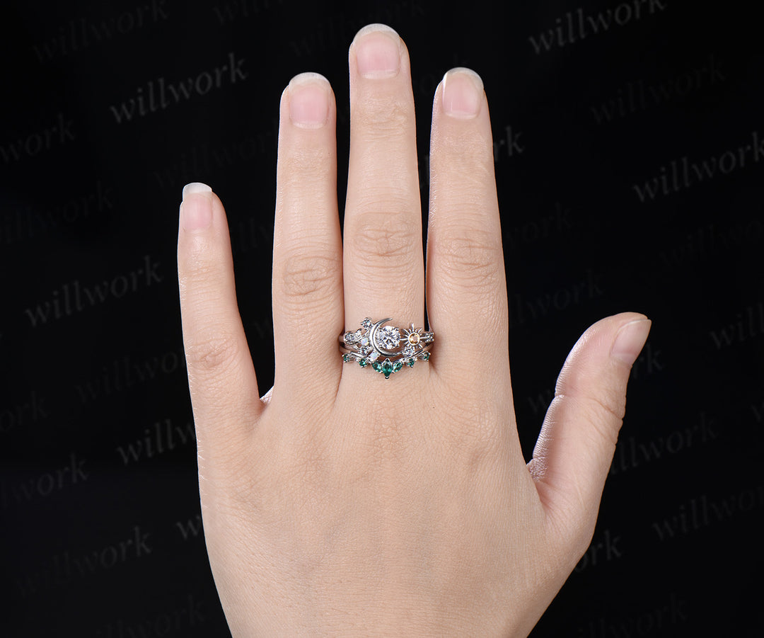 Round Lab Grown Diamond Moon Sun Engagement Ring Set Citrine Sun Ring Emerald Wedding Band Celestial Bridal Set