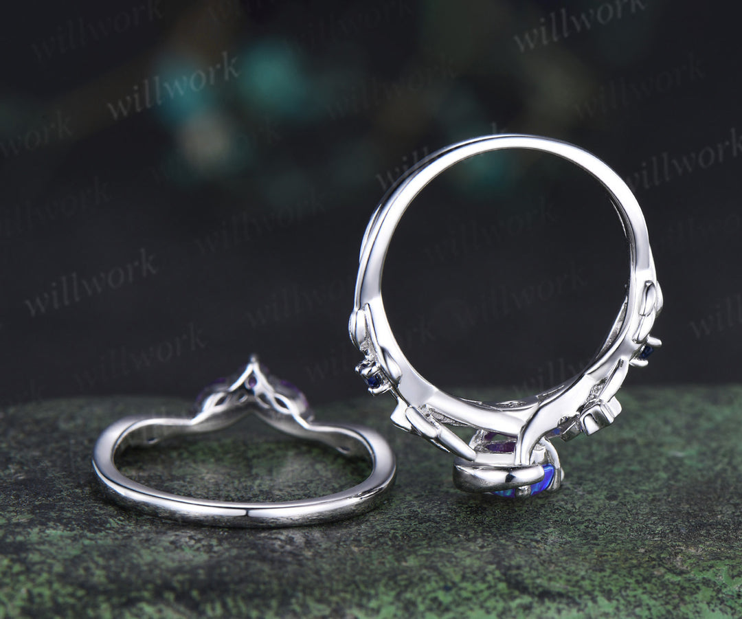 Unique round purple opal ring set blue sapphire moon star ring curved amethyst wedding band bridal set jewelry gifts for her