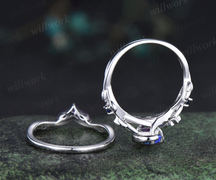 Unique round purple opal ring set blue sapphire moon star ring curved amethyst wedding band bridal set jewelry gifts for her