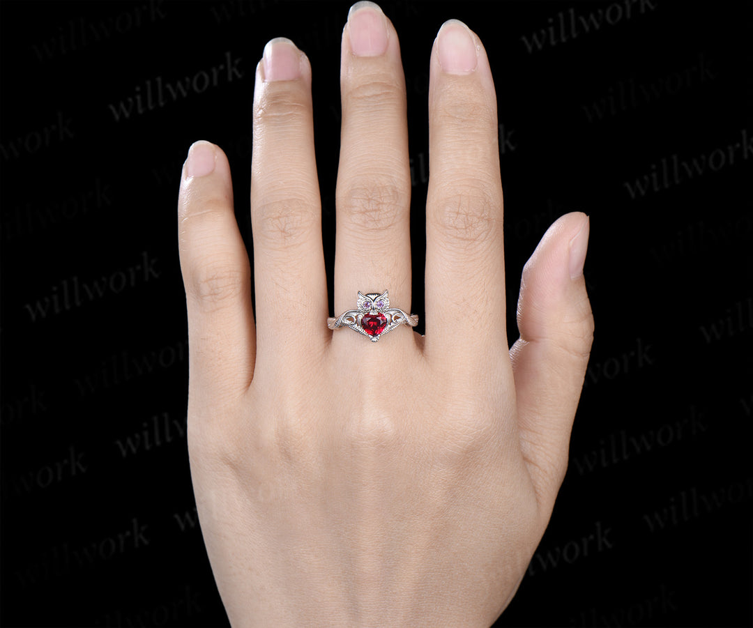 Unique owl engagement ring round ruby wedding ring amethyst accents twig vine cute owl ring for women