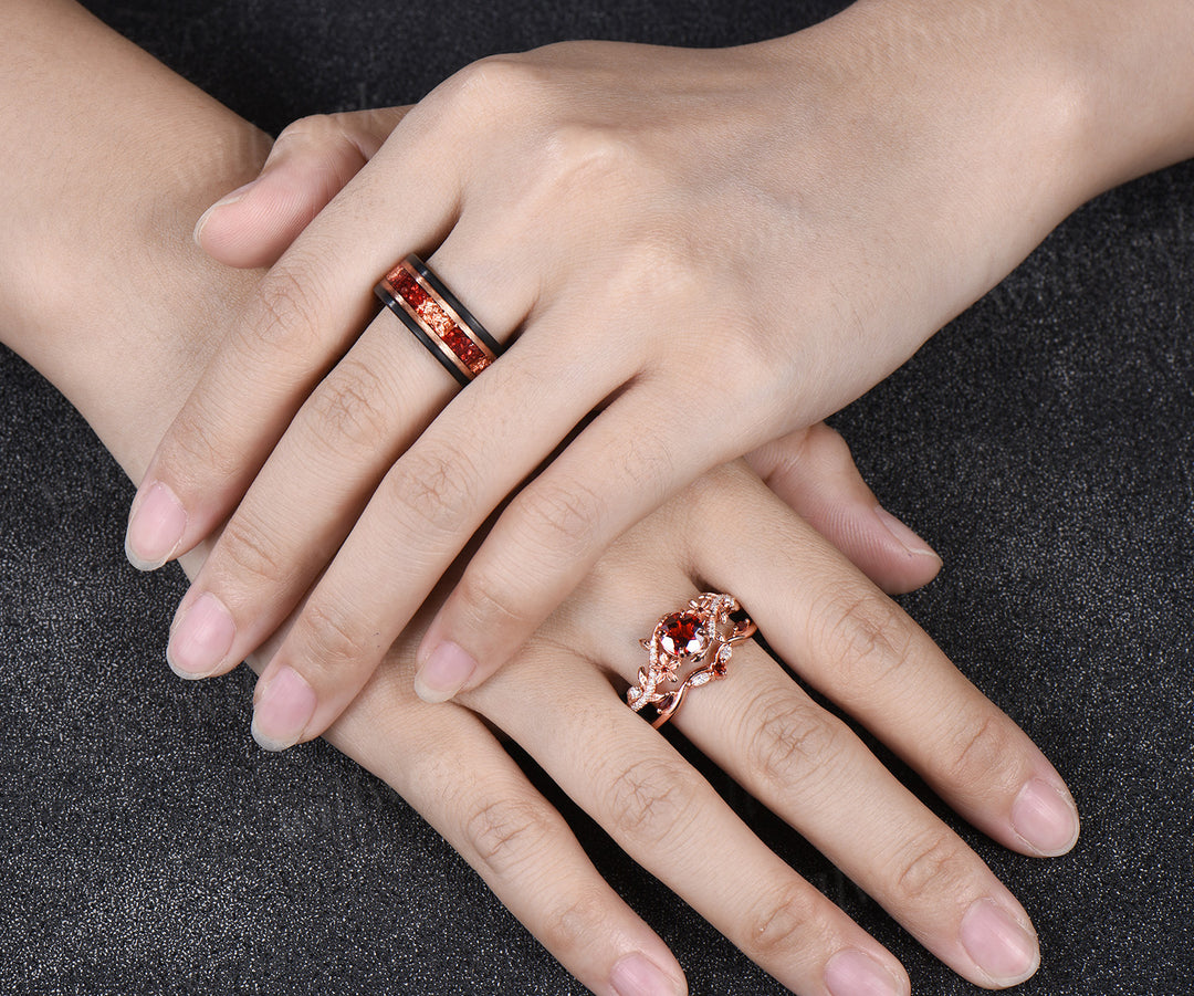 Dainty 5mm Round Garnet Leaf Floral Ring Set & Tungsten Garnets Gold Flakes Men Band Unique Couple Ring Set