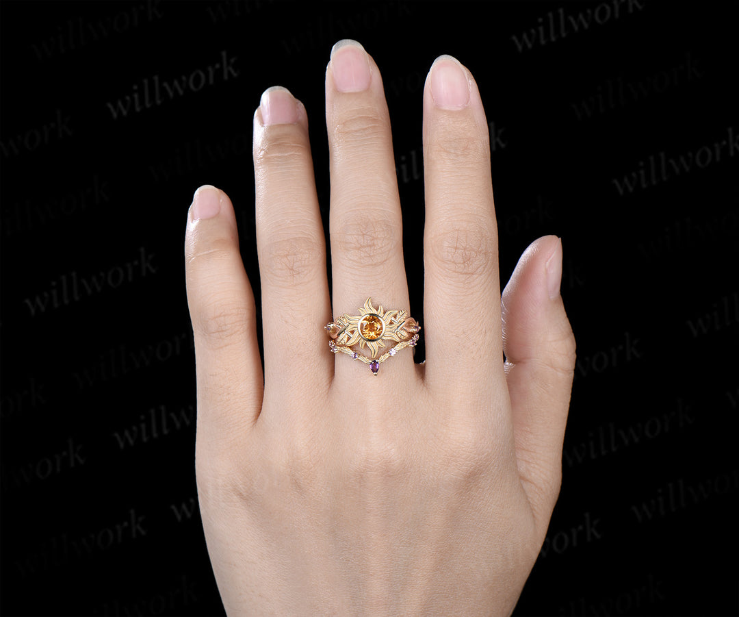 Rapunzel ring sun citrine engagement ring set bezel setting twig vines amethyst ring leaf wedding band unique bridal set