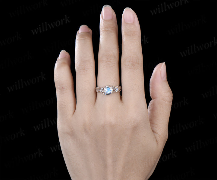 Round cut moonstone engagement ring moon star ring unique celestial bridal wedding ring