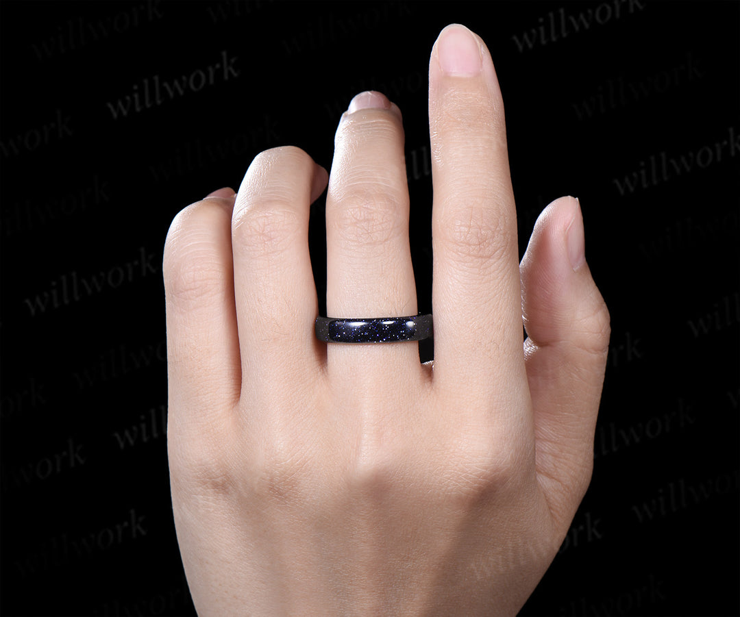 5mm blue sandstone solitaire ring Galaxy stone full eternity band rough stone men wedding ring