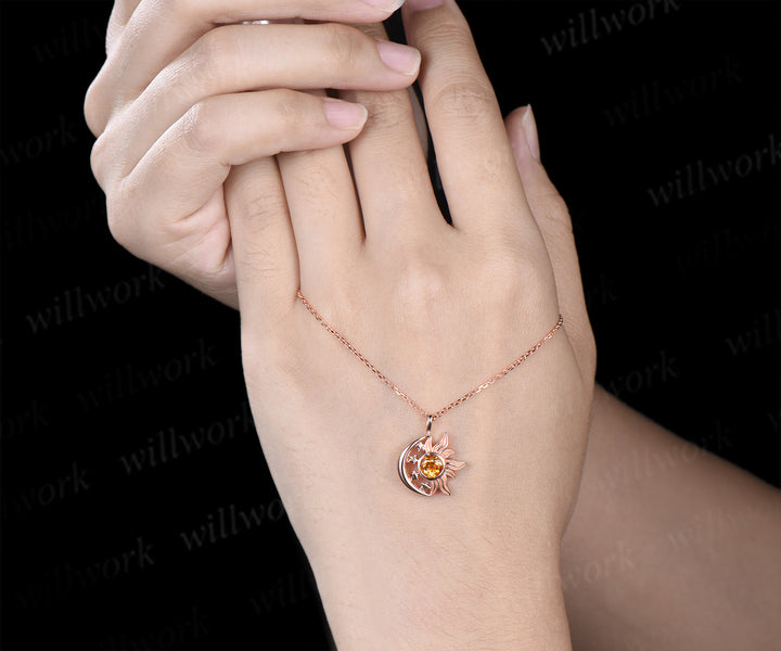 Round citrine sun moon star pendant necklace celestial sun charm with moon stars jewelry gifts