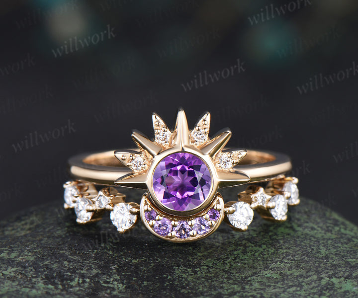 Round amethyst celestial sun moon engagement ring set moissanite cluster wedding band unique bridal set