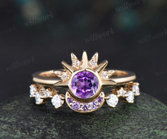 Round amethyst celestial sun moon engagement ring set moissanite cluster wedding band unique bridal set