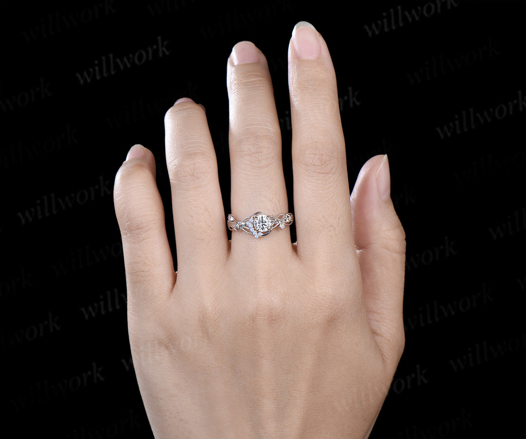 Round Cut IGI Lab Grown Diamond Ring with Moon Star Moonstone Accents Celestial Bridal Ring