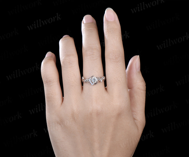 Round Cut IGI Lab Grown Diamond Ring with Moon Star Moonstone Accents Celestial Bridal Ring