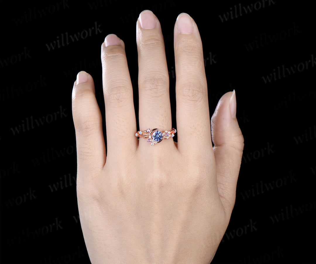 Round Firework cornflower blue sapphire ring 14k rose gold moon leaf star infinity amethyst moonstone wedding ring women