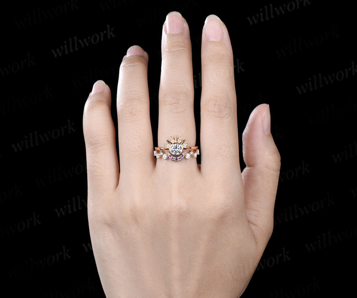 Round Lab Grown Diamond Sun Amethyst Moon Ring Set Celestial Cluster Diamond Star Wedding Band Bridal Set