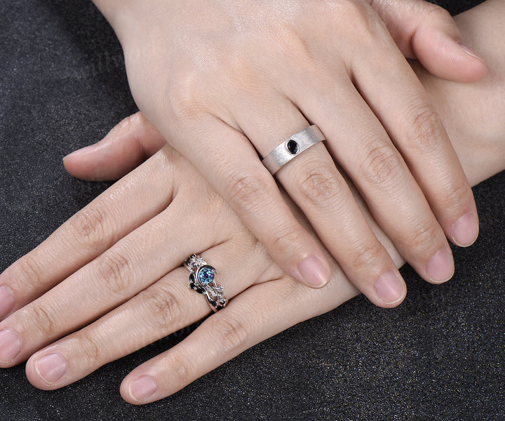 Round Alexandrite Moon Leaf Black Spinel Ring Set & Solitaire Black Onyx Brushed Finish Men Wedding Ring Couple Ring Set