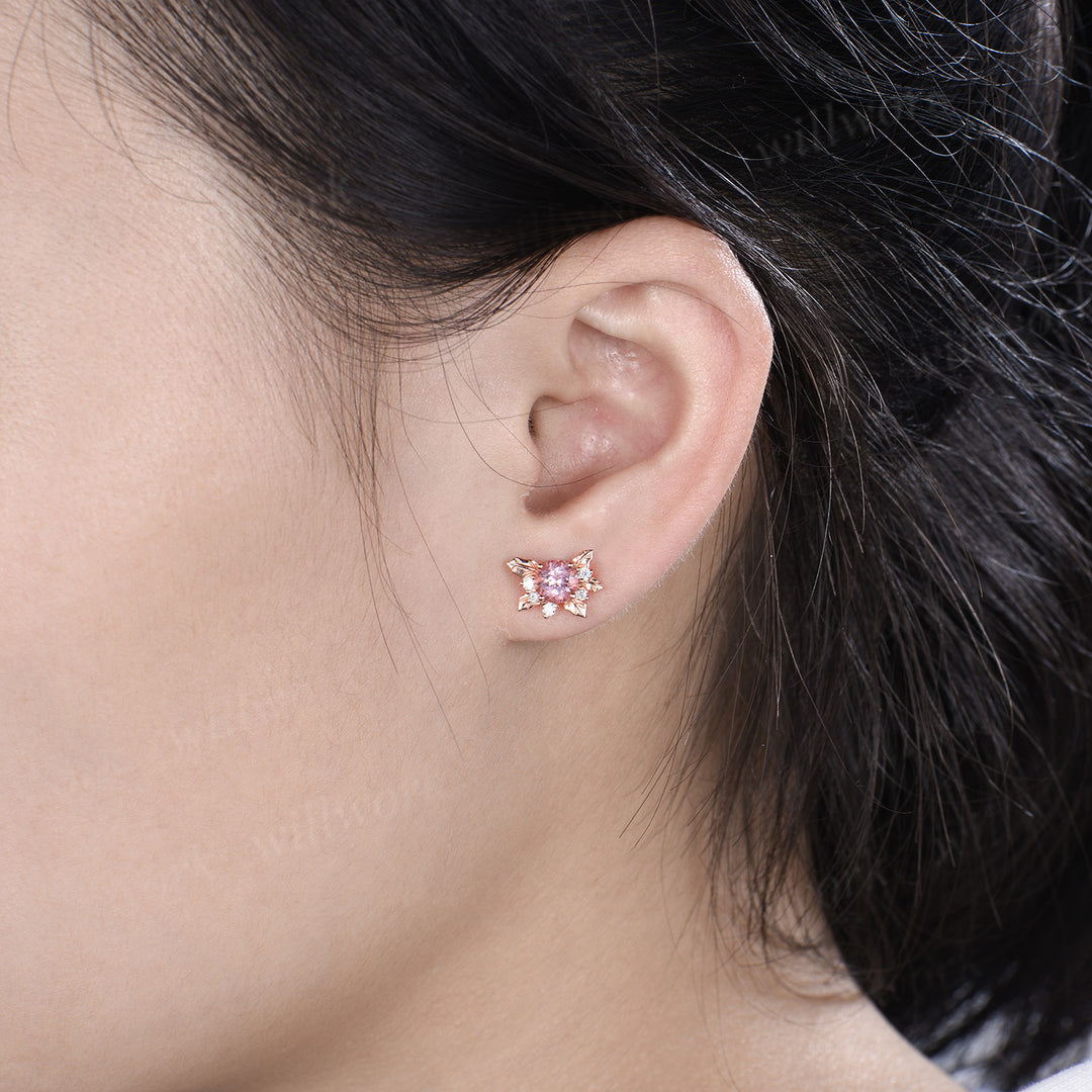Round padparadscha stud earrings holly leaves cluster moissanites accent earrings gifts for her