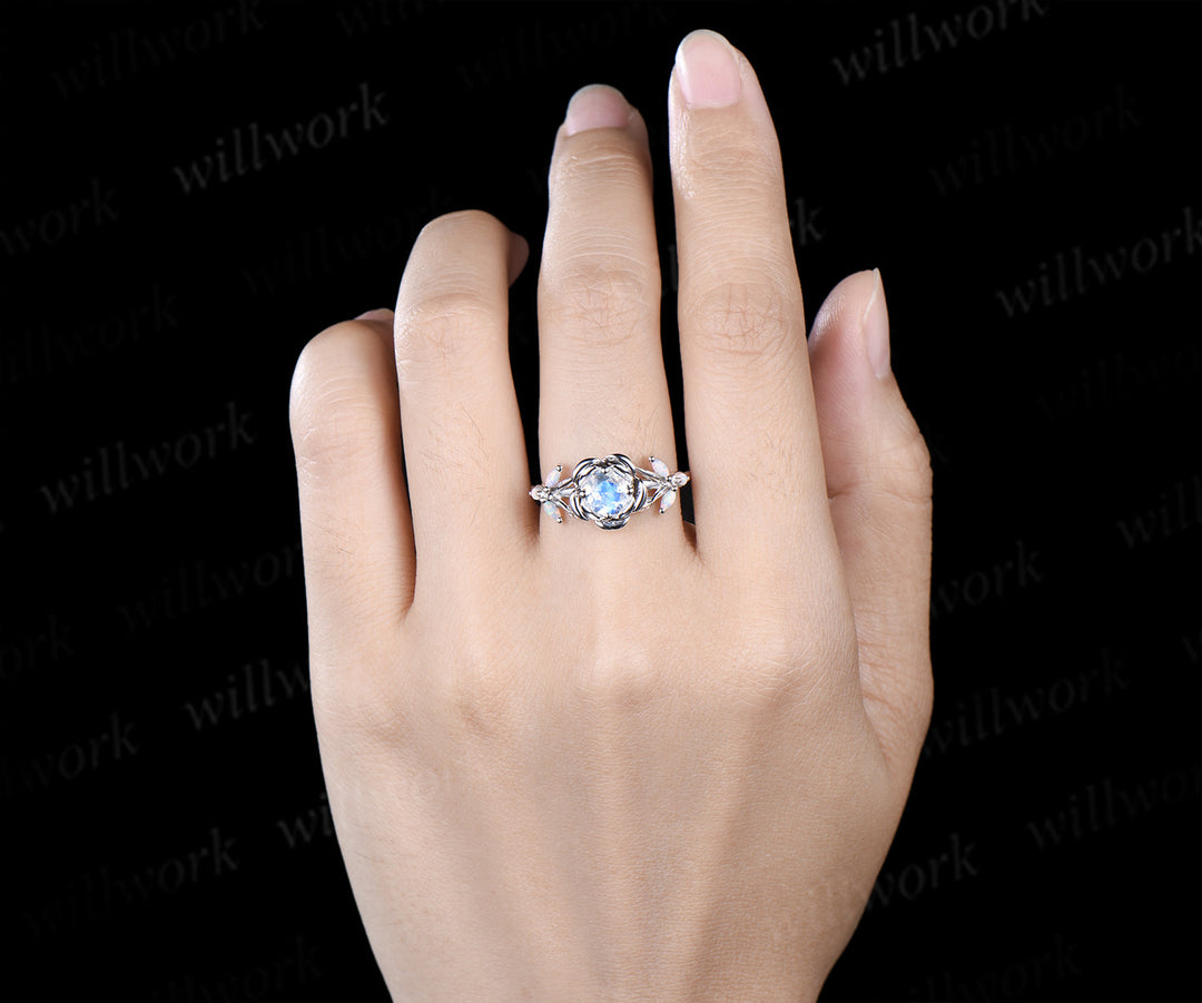 Round cut moonstone engagement ring flower floral marquise opals leaf split shank wedding ring for women