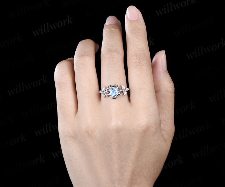 Round cut moonstone engagement ring flower floral marquise opals leaf split shank wedding ring for women
