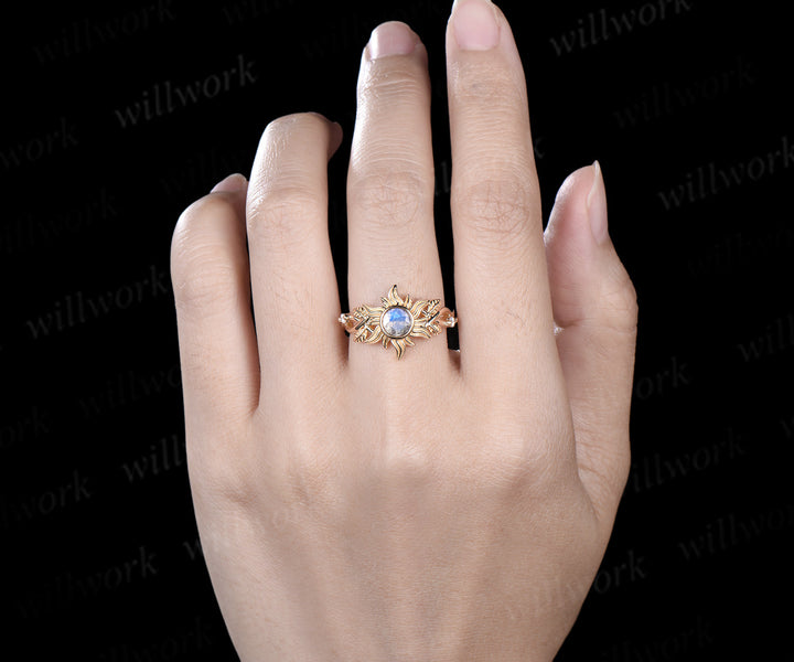 Labradorite sun ring natural round blue labradorite corona moissanite ring leaf infinity ring unique celestial jewelry gift