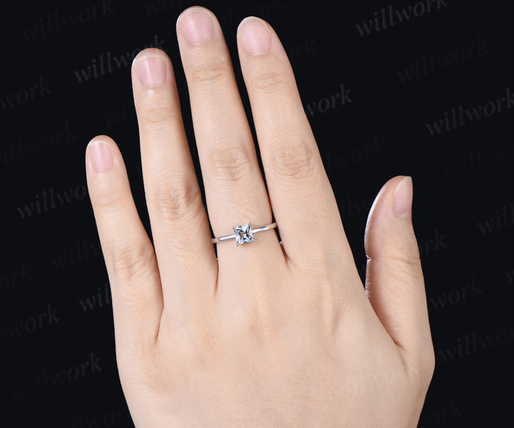 Princess Cut Aquamarine Engagement Ring Dainty Solitaire Ring March Birthstone Jewelry Gift