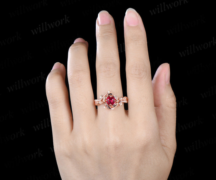 5mm round ruby floral engagement ring twig leaf diamond nature inspired ring half eternity band promise anniversary gifts
