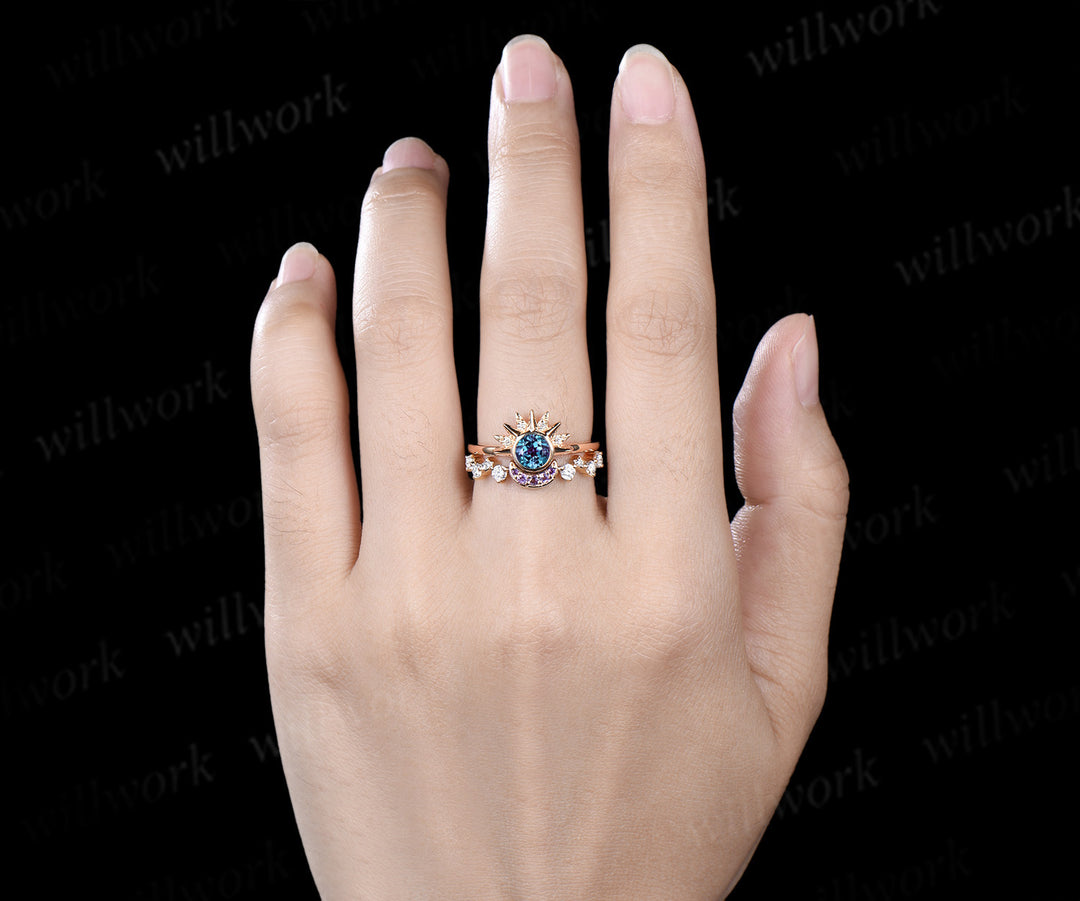 Round alexandrite sun moissanite engagement ring set amethyst moon celestial star wedding ring set for women