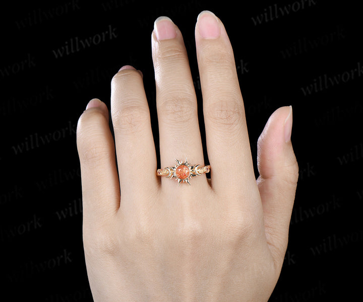 Vintage round cut sunstone engagement ring sun bezel promise ring 14k yellow gold moon star amethyst unique leaf bridal ring gifts for her