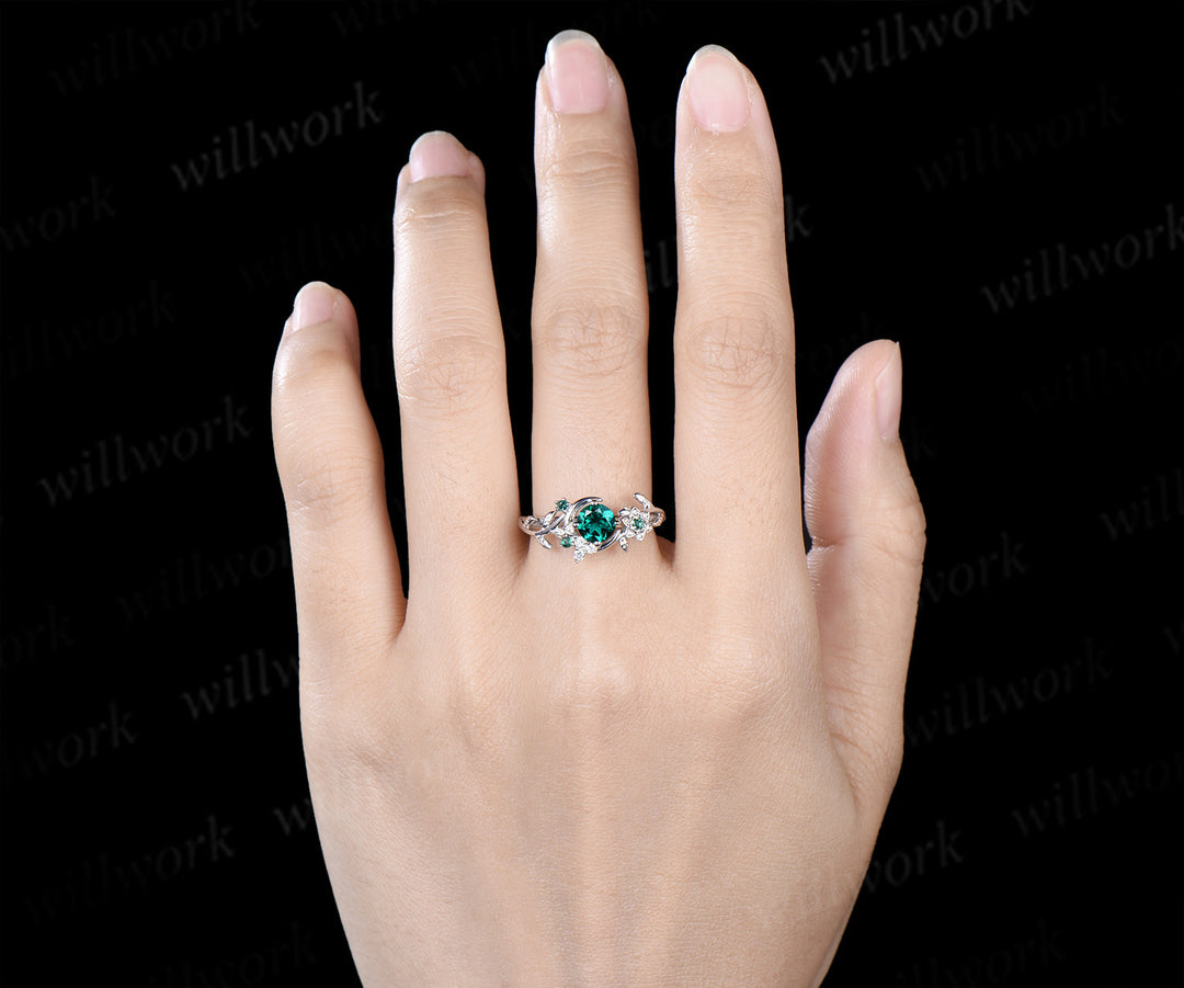 Round cut emerald ring vintage star moon cluster engagement ring twig leaf gemstone bridal ring jewelry gift
