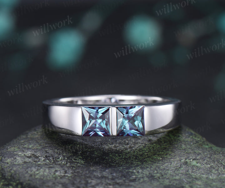 Princess Cut Color-Change Alexandrite Men Wedding Band Toi et Moi Two Stone Ring Unique Anniversary Gifts for Men
