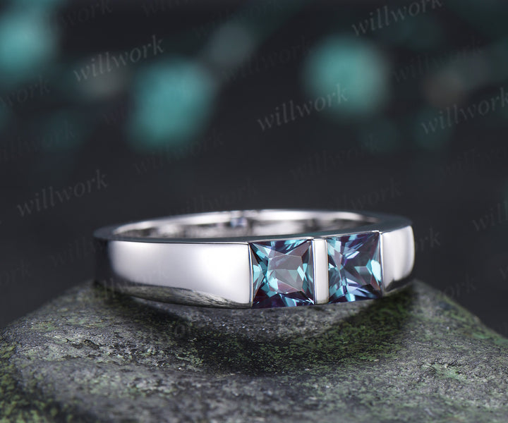 Princess Cut Color-Change Alexandrite Men Wedding Band Toi et Moi Two Stone Ring Unique Anniversary Gifts for Men