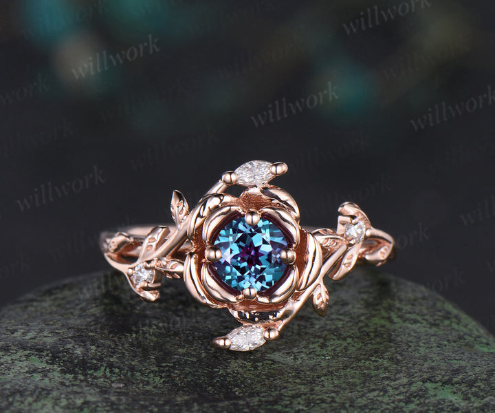 Round cut alexandrite engagement ring rose gold floral leaf vine marquise diamond ring vintage promise bridal ring
