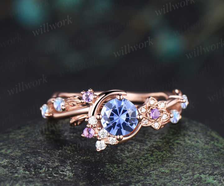 Round Firework cornflower blue sapphire ring 14k rose gold moon leaf star infinity amethyst moonstone wedding ring women