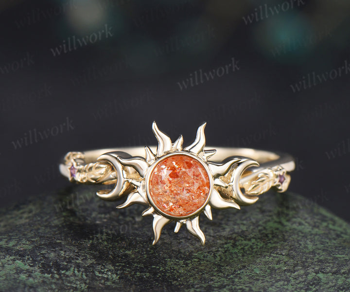 Vintage round cut sunstone engagement ring sun bezel promise ring 14k yellow gold moon star amethyst unique leaf bridal ring gifts for her