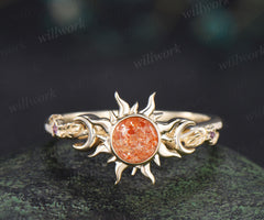 Vintage round cut sunstone engagement ring sun bezel promise ring 14k yellow gold moon star amethyst unique leaf bridal ring gifts for her