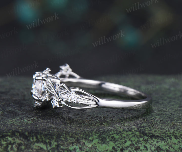 Round Cut IGI Lab Grown Diamond Ring with Moon Star Moonstone Accents Celestial Bridal Ring