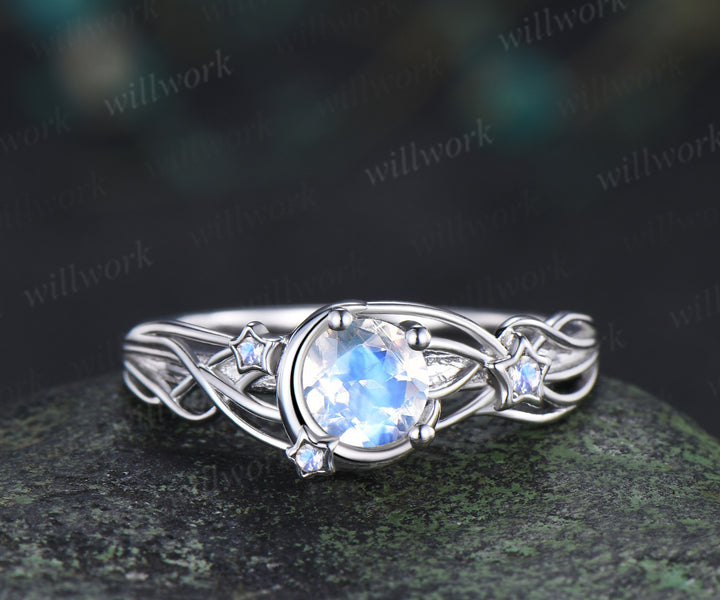 Round cut moonstone engagement ring moon star ring unique celestial bridal wedding ring